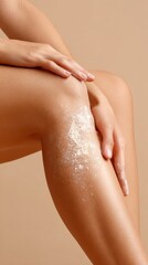 Woman applying exfoliating powder to her bare leg, performing a skin care ritual for smooth, healthy skin texture and beauty treatment at home or spa