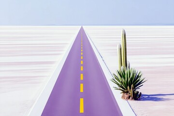 A vibrant purple road with yellow dashed lines leads through a stark white desert, with a cactus and agave plant on the right.