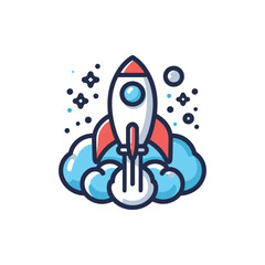 A cartoon illustration of a rocket ship blasting off into space, surrounded by clouds and stars.