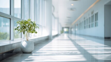Long modern hospital corridor with a decorative green plant in a pot by the window, illuminating the empty brightly lit hallway with natural sunlight and striking shadow patterns