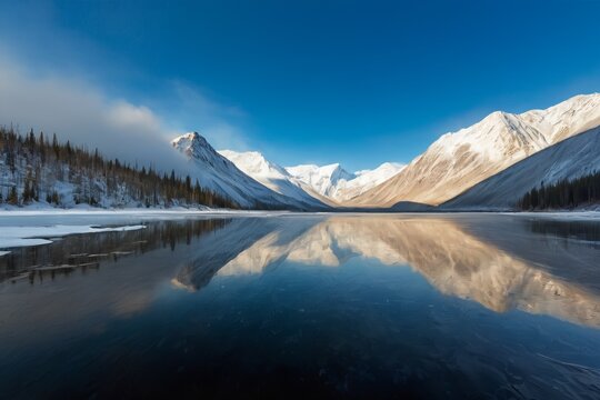 A serene winter lake reflects snow-capped mountains under a clear blue sky, tranquil and picturesque.