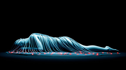 A floating human figure entangled in glowing blue sleep cycle threads with pulsing red warning lights.