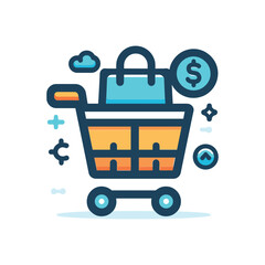 Colorful flat icon of a shopping cart filled with packages, a bag, and currency symbols for e-commerce.
