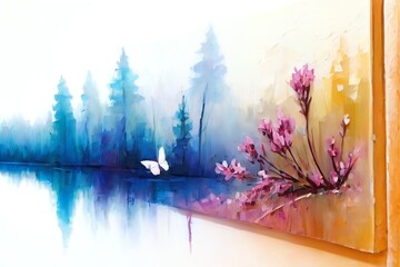 A serene watercolor painting of blue trees and pink flowers by a lake, with a white butterfly flying.