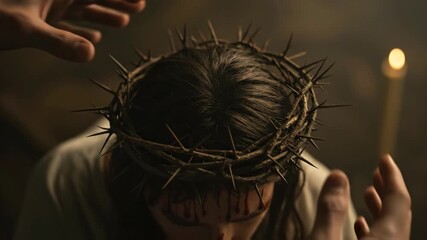 Man wearing a crown of thorns for Easter. Hands pressing thorn wreath onto head after crucifixion. Religious suffering concept.