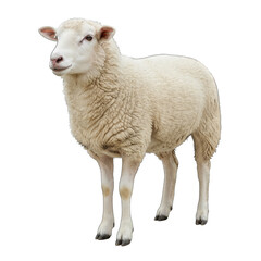 Fototapeta premium A Fluffy White Sheep Stands Isolated on a Transparent Background Showing Its Full Body and Detailed Wool Texture in Natural Daylight
