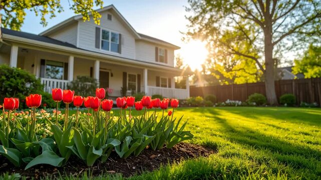 Charming white farmhouse with red tulips in full bloom during sunny spring weather, lush green lawn, residential neighborhood.