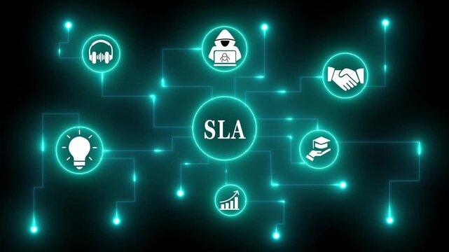 SLA Business Concept Network with Icons and Teal Glowing Lines on Dark Background icon animation .