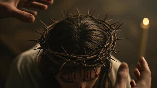 Man wearing a crown of thorns for Easter. Hands pressing thorn wreath onto head after crucifixion. Religious suffering concept.