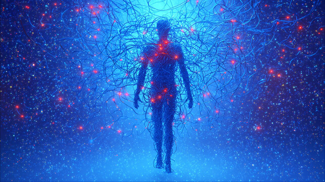 A floating human figure entangled in glowing blue sleep cycle threads with pulsing red warning lights.