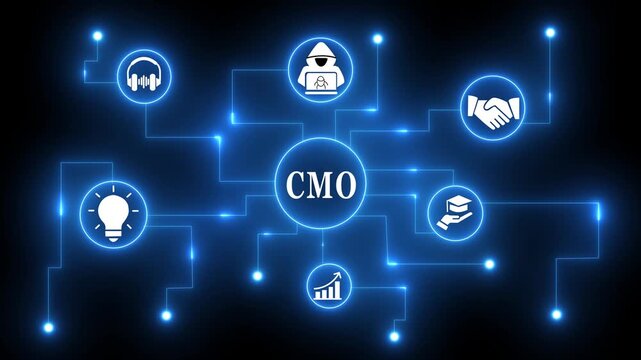 CMO Business Concept Network with Icons animation and Blue Glowing Lines on Black Background 