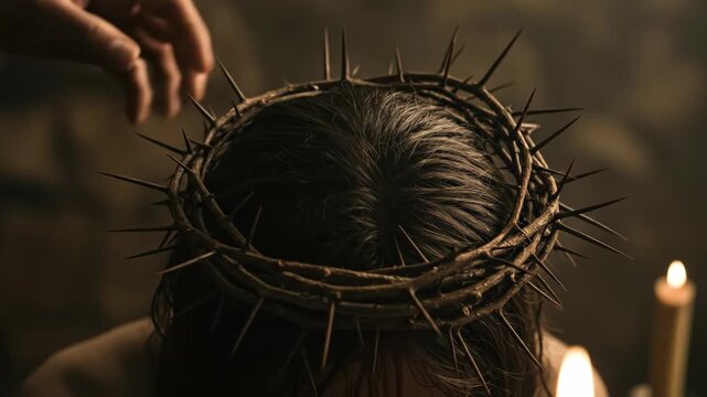 Hand adjusting the crown of thorns on a man's head, symbolizing the passion of christ and good friday for christian easter.