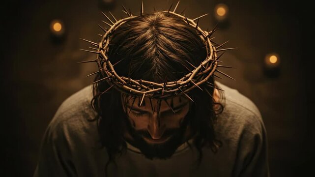 Hand placing crown of thorns on Jesus Christ head. Symbol of suffering and sacrifice. A Christian Easter concept.