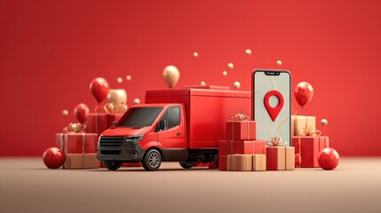 Delivery truck with gift boxes smartphone and balloons on a transparent background