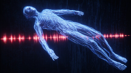 A floating human figure entangled in glowing blue sleep cycle threads with pulsing red warning lights.