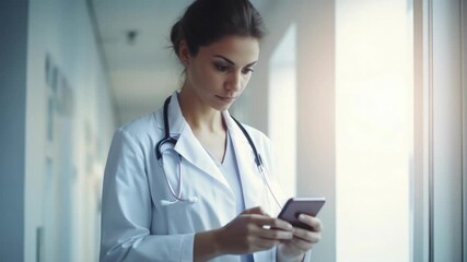 A female doctor or nurse in a white lab coat looking at patient data on her cell phone. Hospital setting with medical equipment and supplies in the background. - Powered by Adobe