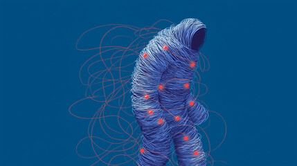 A floating human figure entangled in glowing blue sleep cycle threads with pulsing red warning lights.