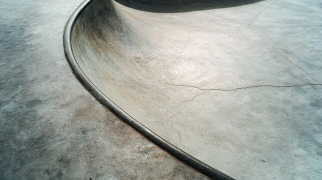 Abstract skate park showing modern concrete surface with curved structure, rough texture, and dynamic shadows, emphasizing urban architecture and design elements for sports background