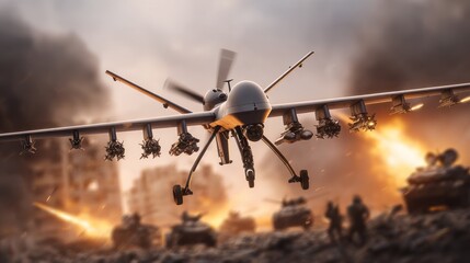 Military drone flying over battle scene depicting conflict and destruction