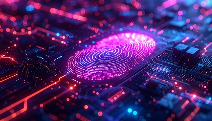 Illuminated fingerprint on a circuit board, vibrant digital representation