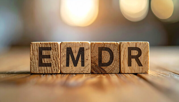 Wood cubes with abbreviation EMDR on table. Eye Movement Desensitization and Reprocessing.
