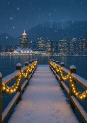 Fototapeta premium Snowy pier cityscape festive lights
