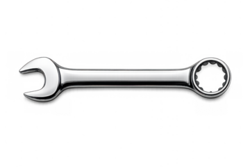 Combination wrench with chrome finish against a transparent background, depicting repair, maintenance, and automotive work