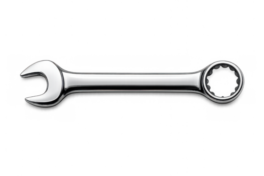 Combination wrench with chrome finish against a transparent background, depicting repair, maintenance, and automotive work