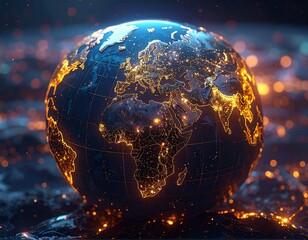 Illuminated globe, highlighting cities against dark, galaxy-like background