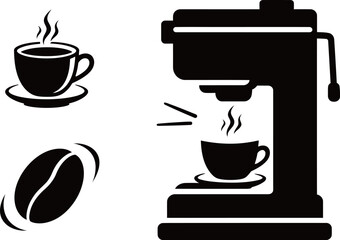 Black vector silhouette icon set for coffee preparation. Includes espresso machine, steaming cup, and swirling coffee bean.