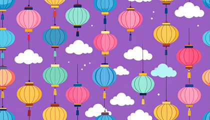 Colorful lanterns hanging against a purple background