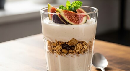 Delicious yogurt parfait layered with granola and fresh figs for a healthy breakfast