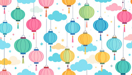 Colorful lanterns with clouds on a white background