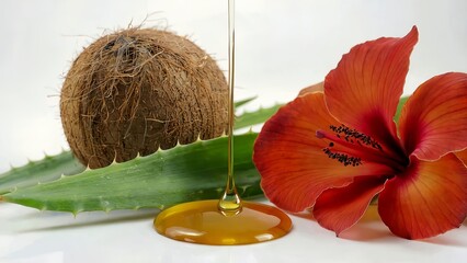 Natural beauty composition featuring a coconut aloe vera and hibiscus flower with dripping oil for skincare and wellness product promotion on a clean white background