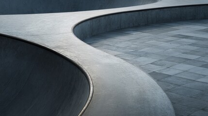 Curved concrete ramps and tiled paving at an empty urban skatepark, minimalist geometric forms, clean lines and cool tones highlighting texture, light and public space