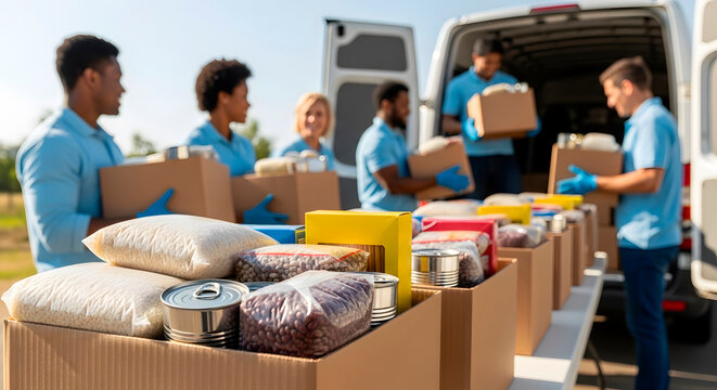 Group of diverse men and women volunteers delivering food and donations from a van. Community service and charity concept for helping people in need.