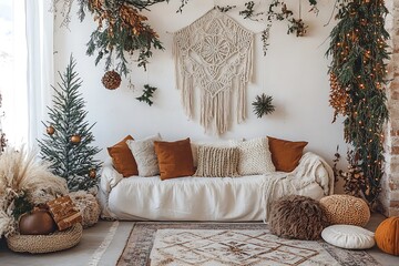 Cozy festive setup featuring macrame decorations and earthy holiday accents.