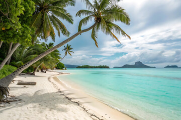 Tropical island paradise: a sandy beach with palm trees meets the clear ocean water and summer sky