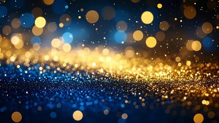 Elegant bokeh lights create a festive background with shimmering gold and royal blue colors, ideal for holiday and special occasion videos.