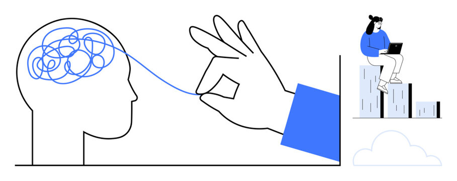 Human brain outline with tangled lines, hand untangling thread. Woman sitting on bar graph using a laptop. Ideal for mind clarity, creativity, problem-solving, mental health, productivity