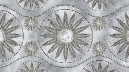 Intricate silver metallic pattern featuring embossed sun and floral motifs with wavy borders, creating a seamless textured background for elegant design concepts