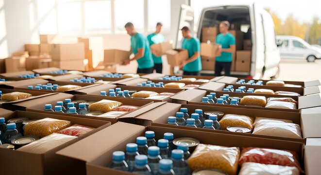 Food delivery service. Men volunteers packaging box with supplies for distribution. Social assistance and charity.