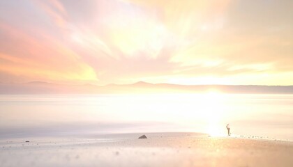 Beach figure watching vibrant sunset over distant hazy mountains