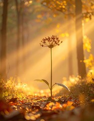 Autumnal flower backlit in golden forest light