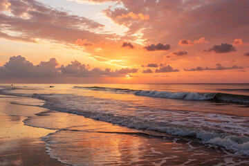 🌅 Sunset over the ocean beach, painting the sky with vibrant light and reflecting on the water and wet sand