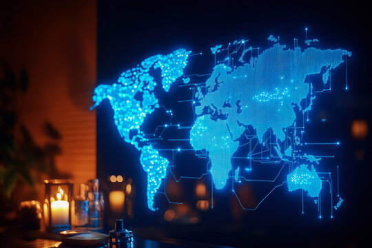World Map with Digital Connection Lines in Modern Dark Interior - Powered by Adobe