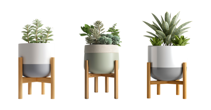 Modern Houseplant in Two-Tone Planter on Wooden Stand isolated on transparent background