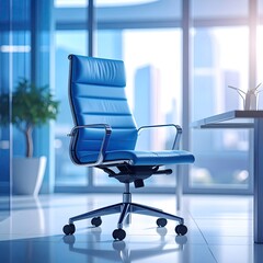 Blue leather office chair against a city window view