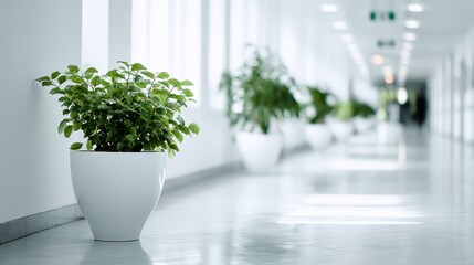 Bright modern office hallway with minimalist white interiors and a row of green potted plants, bathing the open corridor in natural light for a fresh, calming workspace