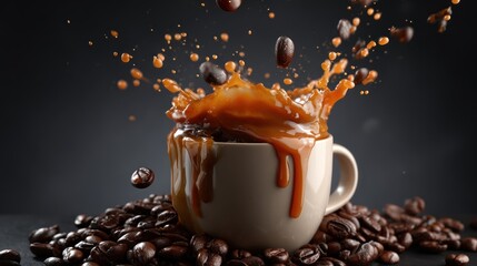 Coffee splash in a cup with falling coffee beans transparent background